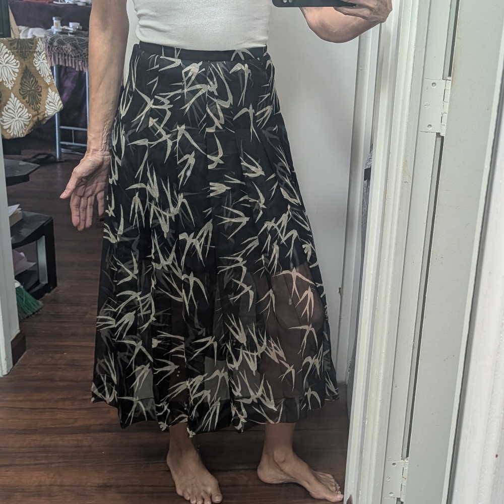Rochas made in italy black & cream silk chiffon A Lime midi skirt bird print XS